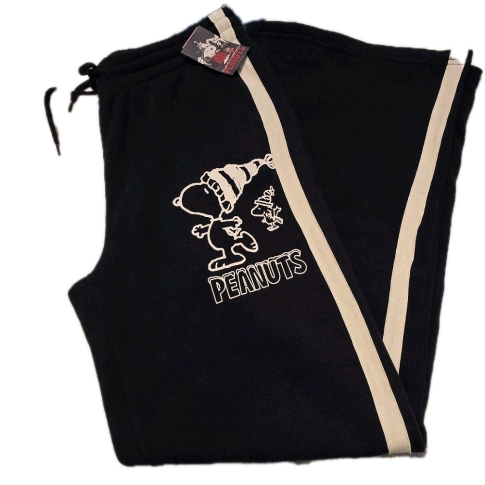 Peanuts Snoopy & Woodstock Womens L Wide Legged Navy Blue & White Sweatpants NWT